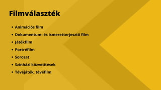 Filmválaszték
Animációs film
Dokumentum- és ismeretterjesztő film
Játékfilm
Portréfilm
Sorozat
Színházi közvetítések
Tévéjáték, tévéfilm
 