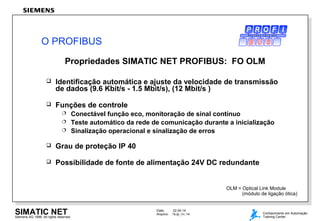 Data: 22.04.14
Arquivo: 7Kdp_Ov.14SIMATIC NETSiemens AG 1998. All rights reserved.
Conhecimento em Automação
Training Center
Propriedades SIMATIC NET PROFIBUS: FO OLM
 Identificação automática e ajuste da velocidade de transmissão
de dados (9.6 Kbit/s - 1.5 Mbit/s), (12 Mbit/s )
 Funções de controle
 Conectável função eco, monitoração de sinal contínuo
 Teste automático da rede de comunicação durante a inicialização
 Sinalização operacional e sinalização de erros
 Grau de proteção IP 40
 Possibilidade de fonte de alimentação 24V DC redundante
OLM = Optical Link Module
(módulo de ligação ótica)
O PROFIBUS
P R O C E S S F I E L D B U S
 