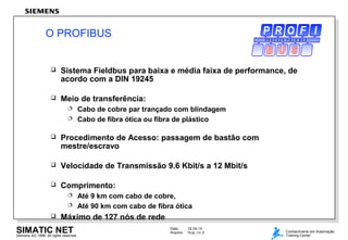 Data: 22.04.14
Arquivo: 7Kdp_Ov.2SIMATIC NETSiemens AG 1998. All rights reserved.
Conhecimento em Automação
Training Center
 Sistema Fieldbus para baixa e média faixa de performance, de
acordo com a DIN 19245
 Meio de transferência:
 Cabo de cobre par trançado com blindagem
 Cabo de fibra ótica ou fibra de plástico
 Procedimento de Acesso: passagem de bastão com
mestre/escravo
 Velocidade de Transmissão 9.6 Kbit/s a 12 Mbit/s
 Comprimento:
 Até 9 km com cabo de cobre,
 Até 90 km com cabo de fibra ótica
 Máximo de 127 nós de rede
O PROFIBUS P R O C E S S F IE L D B U S
 