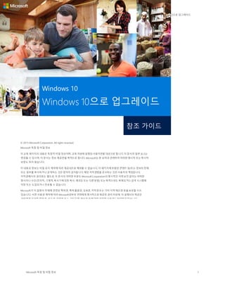 Windows 10 Windows 10으로 업그레이드
Microsoft 독점 및 비밀 정보 1
참조 가이드
Windows 10
Windows 10으로 업그레이드
© 2015 Microsoft Corporation. All rights reserved.
Microsoft 독점 및 비밀 정보
이 교육 패키지의 내용은 독점적 비밀 정보이며, 교육 자료에 설명된사용자만을 대상으로 합니다.이 문서의 일부 요소는
변경될 수 있으며, 이 문서는 정보 제공만을 목적으로 합니다. Microsoft는본 요약과 관련하여 어떠한명시적 또는묵시적
보증도 하지 않습니다.
이 내용과 정보는 비밀 유지 계약에 따라 제공되므로 배포할 수 없습니다. 이 패키지에포함된 콘텐츠 및/또는 정보의 전체
또는 일부를 복사하거나 공개하는 것은엄격히 금지됩니다. 해당 저작권법을 준수하는 것은사용자의 책임입니다.
저작권에서의 권리와는 별도로, 이 문서의 어떠한부분도 Microsoft Corporation의명시적인 서면승인 없이는어떠한
형식이나 수단(전자적, 기계적, 복사기에의한 복사, 레코딩 또는 다른방법) 또는목적으로도 복제되거나 검색 시스템에
저장 또는 도입되거나 전송될 수 없습니다.
Microsoft가 이 설명서 주제에 관련된 특허권, 특허출원권, 상표권, 저작권또는 기타 지적재산권 등을보유할 수도
있습니다. 서면 사용권 계약에 따라 Microsoft로부터 귀하에게 명시적으로제공된 권리이외에, 이 설명서의 제공은
귀하에게 이러한 특허권, 상표권, 저작권 또는 기타지적 재산권 등에대한 어떠한사용권도허여하지않습니다.
 