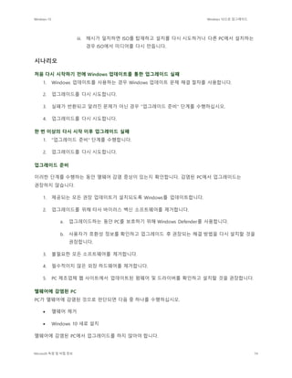 Windows 10 Windows 10으로 업그레이드
Microsoft 독점 및 비밀 정보 74
iii. 해시가 일치하면 ISO를 탑재하고 설치를 다시 시도하거나 다른 PC에서 설치하는
경우 ISO에서 미디어를 다시 만듭니다.
시나리오
처음 다시 시작하기 전에 Windows 업데이트를 통한 업그레이드 실패
1. Windows 업데이트를 사용하는 경우 Windows 업데이트 문제 해결 절차를 사용합니다.
2. 업그레이드를 다시 시도합니다.
3. 실패가 반환되고 알려진 문제가 아닌 경우 "업그레이드 준비" 단계를 수행하십시오.
4. 업그레이드를 다시 시도합니다.
한 번 이상의 다시 시작 이후 업그레이드 실패
1. "업그레이드 준비" 단계를 수행합니다.
2. 업그레이드를 다시 시도합니다.
업그레이드 준비
이러한 단계를 수행하는 동안 맬웨어 감염 증상이 있는지 확인합니다. 감염된 PC에서 업그레이드는
권장하지 않습니다.
1. 제공되는 모든 권장 업데이트가 설치되도록 Windows를 업데이트합니다.
2. 업그레이드를 위해 타사 바이러스 백신 소프트웨어를 제거합니다.
a. 업그레이드하는 동안 PC를 보호하기 위해 Windows Defender를 사용합니다.
b. 사용자가 호환성 정보를 확인하고 업그레이드 후 권장되는 해결 방법을 다시 설치할 것을
권장합니다.
3. 불필요한 모든 소프트웨어를 제거합니다.
4. 필수적이지 않은 외장 하드웨어를 제거합니다.
5. PC 제조업체 웹 사이트에서 업데이트된 펌웨어 및 드라이버를 확인하고 설치할 것을 권장합니다.
맬웨어에 감염된 PC
PC가 맬웨어에 감염된 것으로 판단되면 다음 중 하나를 수행하십시오.
 맬웨어 제거
 Windows 10 새로 설치
맬웨어에 감염된 PC에서 업그레이드를 하지 않아야 합니다.
 