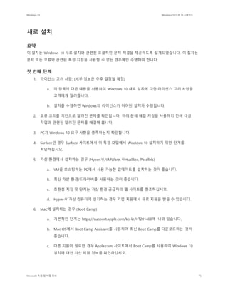 Windows 10 Windows 10으로 업그레이드
Microsoft 독점 및 비밀 정보 75
새로 설치
요약
이 절차는 Windows 10 새로 설치와 관련된 포괄적인 문제 해결을 제공하도록 설계되었습니다. 이 절차는
문제 또는 오류와 관련된 특정 지침을 사용할 수 없는 경우에만 수행해야 합니다.
첫 번째 단계
1. 라이선스 고려 사항: (세부 정보은 추후 결정될 예정)
a. 이 항목의 다른 내용을 사용하여 Windows 10 새로 설치에 대한 라이선스 고려 사항을
고객에게 알려줍니다.
b. 설치를 수행하면 Windows의 라이선스가 허여된 설치가 수행됩니다.
2. 오류 코드를 기반으로 알려진 문제를 확인합니다. 아래 문제 해결 지침을 사용하기 전에 대상
작업과 관련된 알려진 문제를 해결해 봅니다.
3. PC가 Windows 10 요구 사항을 충족하는지 확인합니다.
4. Surface인 경우 Surface 사이트에서 이 특정 모델에서 Windows 10 설치하기 위한 단계를
확인하십시오.
5. 가상 환경에서 설치하는 경우 (Hyper-V, VMWare, VirtualBox, Parallels)
a. VM을 호스팅하는 PC에서 사용 가능한 업데이트를 설치하는 것이 좋습니다.
b. 최신 가상 환경/드라이버를 사용하는 것이 좋습니다.
c. 호환성 지침 및 단계는 가상 환경 공급자의 웹 사이트를 참조하십시오.
d. Hyper-V 가상 컴퓨터에 설치하는 경우 기업 지원에서 유료 지원을 받을 수 있습니다.
6. Mac에 설치하는 경우 (Boot Camp)
a. 기본적인 단계는 https://support.apple.com/ko-kr/HT201468에 나와 있습니다.
b. Mac OS에서 Boot Camp Assistant를 사용하여 최신 Boot Camp를 다운로드하는 것이
좋습니다.
c. 다른 지원이 필요한 경우 Apple.com 사이트에서 Boot Camp를 사용하여 Windows 10
설치에 대한 최신 지원 정보를 확인하십시오.
 