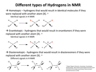 Diﬀerent	
  types	
  of	
  Hydrogens	
  in	
  NMR	
  
à	
  Homotopic	
  –	
  hydrogens	
  that	
  would	
  result	
  in	
  idenJcal	
  molecules	
  if	
  they	
  
were	
  replaced	
  with	
  another	
  atom	
  (X).	
  12	
  
IdenJcal	
  signals	
  in	
  H	
  NMR	
  
	
  
à	
  EnanJotopic	
  -­‐	
  hydrogens	
  that	
  would	
  result	
  in	
  enanJomers	
  if	
  they	
  were	
  
replaced	
  with	
  another	
  atom	
  (X).	
  12	
  
IdenJcal	
  signals	
  in	
  H	
  NMR	
  
	
  
	
  
à	
  Diastereotopic	
  -­‐	
  hydrogens	
  that	
  would	
  result	
  in	
  diastereomers	
  if	
  they	
  were	
  
replaced	
  with	
  another	
  atom	
  (X).	
  12	
  
Diﬀerent	
  signals	
  in	
  H	
  NMR	
  
	
  
C
Cl Cl
H H
C
Cl Cl
X H
,
C
Cl Cl
H X
C
F Cl
H H
C
(R)(R)
F Cl
X H
,
C
(S)(S)
F Cl
H X
C
Cl
H
H
C
(R)(R)
Cl
F
H
C
(R)(R)
Cl
H
X
C
(R)(R)
Cl
F
H
,
C
Cl
H
H
C
(S)(S)
Cl
F
X1	
  
12	
  Mater	
  Organic	
  Chemistry.	
  Homotopic,	
  EnanJotopic,	
  
Diastereotopic.	
  h7p://www.masterorganicchemistry.com/
2012/04/17/homotopic-­‐enanJotopic-­‐diastereotopic/	
  
(accessed	
  January	
  4,	
  2016)	
  
 