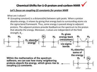 Chemical	
  Shics	
  for	
  1-­‐D	
  proton	
  and	
  carbon	
  NMR	
  
Let’s	
  focus	
  on	
  coupling	
  (J)	
  constants	
  for	
  proton	
  NMR	
  
What	
  are	
  J	
  values?	
  	
  
à J(coupling	
  constant)	
  is	
  a	
  distance(Hz)	
  between	
  split	
  peaks.	
  When	
  a	
  proton	
  
absorbs	
  energy,	
  it	
  relaxes	
  by	
  giving	
  that	
  energy	
  back	
  to	
  surrounding	
  atoms	
  via	
  
the	
  sigma	
  bond	
  framework.	
  Thus,	
  some	
  energy	
  is	
  passed	
  along	
  to	
  adjacent	
  
protons.	
  The	
  adjacent	
  protons	
  provide	
  feedback	
  on	
  the	
  spectrum	
  to	
  the	
  proton	
  
that	
  absorbs	
  the	
  energy.	
  Moreover,	
  J	
  values	
  are	
  independent	
  of	
  the	
  ﬁeld	
  
strength,	
  Bo	
  .	
  
C
H1
C
H2
C
H1
C
H2
C
H1
C
H2
H1 absorbs
energy
H1 gives
energy back
(relaxation)
via sigma
bonds
C
H1
C
H2
H2 absorbs
some of
the energy
Within the mathematics of the spectrum
software, we can see how many neighboring
protons absorb the energy, which gives rise to
coupling (J) constants.
 