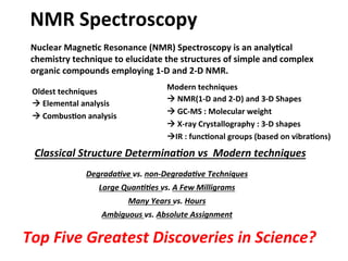 NMR	
  Spectroscopy	
  
	
  Nuclear	
  Magne-c	
  Resonance	
  (NMR)	
  Spectroscopy	
  is	
  an	
  analy-cal	
  
	
  chemistry	
  technique	
  to	
  elucidate	
  the	
  structures	
  of	
  simple	
  and	
  complex	
  
	
  organic	
  compounds	
  employing	
  1-­‐D	
  and	
  2-­‐D	
  NMR.	
  	
  
	
  	
  	
  	
  	
  	
  	
  
	
  
	
  	
  
Degrada've	
  vs.	
  non-­‐Degrada've	
  Techniques	
  
Large	
  Quan''es	
  vs.	
  A	
  Few	
  Milligrams	
  
Many	
  Years	
  vs.	
  Hours	
  
Ambiguous	
  vs.	
  Absolute	
  Assignment	
  
	
  	
  	
  	
  	
  	
  Modern	
  techniques	
  
	
  	
  	
  	
  	
  	
  à	
  NMR(1-­‐D	
  and	
  2-­‐D)	
  and	
  3-­‐D	
  Shapes	
  
	
  	
  	
  	
  	
  	
  à	
  GC-­‐MS	
  :	
  Molecular	
  weight	
  
	
  	
  	
  	
  	
  	
  à	
  X-­‐ray	
  Crystallography	
  :	
  3-­‐D	
  shapes	
  
	
  	
  	
  	
  	
  	
  àIR	
  :	
  func-onal	
  groups	
  (based	
  on	
  vibra-ons)	
  
	
  Oldest	
  techniques	
  	
  	
  	
  	
  	
  	
  	
  	
  	
  	
  	
  	
  	
  	
  	
  	
  	
  	
  	
  
	
  à	
  Elemental	
  analysis	
  
	
  à	
  Combus-on	
  analysis	
  
Classical	
  Structure	
  Determina'on	
  vs	
  	
  Modern	
  techniques	
  
Top	
  Five	
  Greatest	
  Discoveries	
  in	
  Science?	
  	
  
 