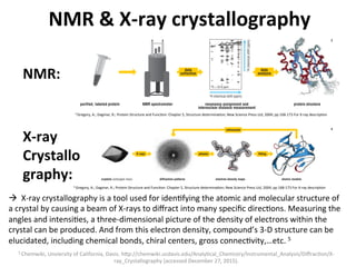 NMR	
  &	
  X-­‐ray	
  crystallography	
  	
  
	
  
	
  
à	
  	
  X-­‐ray	
  crystallography	
  is	
  a	
  tool	
  used	
  for	
  idenJfying	
  the	
  atomic	
  and	
  molecular	
  structure	
  of	
  
a	
  crystal	
  by	
  causing	
  a	
  beam	
  of	
  X-­‐rays	
  to	
  diﬀract	
  into	
  many	
  speciﬁc	
  direcJons.	
  Measuring	
  the	
  
angles	
  and	
  intensiJes,	
  a	
  three-­‐dimensional	
  picture	
  of	
  the	
  density	
  of	
  electrons	
  within	
  the	
  
crystal	
  can	
  be	
  produced.	
  And	
  from	
  this	
  electron	
  density,	
  compound’s	
  3-­‐D	
  structure	
  can	
  be	
  
elucidated,	
  including	
  chemical	
  bonds,	
  chiral	
  centers,	
  gross	
  connecJvity,…etc.	
  5	
  
Protein crystallography involves summing the scattered X-ray waves
from a macromolecular crystal
The steps in solving a protein crystal structure at high resolution are diagrammed in Figure 5-3.
First, the protein must be crystallized. This is often the rate-limiting step in straightforward
structure determinations, especially for membrane proteins. Then, the X-ray diffraction pattern
from the crystal must be recorded. When X-rays strike a macromolecular crystal, the atoms in
the molecules produce scattered X-ray waves which combine to give a complex diffraction
pattern consisting of waves of different amplitudes. What is measured experimentally are the
amplitudes and positions of the scattered X-ray waves from the crystal. The structure can be
reconstructed by summing these waves, but each one must be in the correct registration with
respect to every other wave, that is, the origin of each wave must be determined so that they
sum to give some image instead of a sea of noise. This is called the phase problem. Phase
values must be assigned to all of the recorded data; this can sometimes be done computationally,
but is usually done experimentally by labeling the protein with one or more heavy atoms whose
position in the crystal can be determined independently. The phased waves are then summed
in three dimensions to generate an image of the electron density distribution of the molecule
in the crystal. This can be done semi-automatically or by hand on a computer graphics system.
A chemical model of part of the molecule is docked into the shape of each part of the electron
part of the electron density (as shown in Figure 5-3). This fitting provides the first picture of
the structure of the protein. The overall model is improved by an iterative process called refine-
ment whereby the positions of the atoms in the model are tweaked until the calculated
diffraction pattern from the model agrees as well as can be with the experimentally measured
diffraction pattern from the actual protein. There is no practical limit to the size of the protein
or protein complex whose structure can be determined by X-ray crystallography.
Definitions
phase problem: in the measurement of data from an
X-ray crystallographic experiment only the amplitude
of the wave is determined.To compute a structure,the
phase must also be known. Since it cannot be deter-
mined directly, it must be determined indirectly or by
some other experiment.
crystals (enlarged view) diffraction patterns
phases
electron density maps atomic models
fittingX-rays
refinement
Figure 5-3 Structure determination by X-ray crystallography The first step in structure determination by X-ray crystallography is the crystallization of the
protein. The source of the X-rays is often a synchrotron and in this case the typical size for a crystal for data collection may be 0.3 ¥ 0.3 ¥ 0.1 mm. The crystals
are bombarded with X-rays which are scattered from the planes of the crystal lattice and are captured as a diffraction pattern on a detector such as film or an
electronic device. From this pattern, and with the use of reference—or phase—information from labeled atoms in the crystal, electron density maps (shown here
with the corresponding peptide superimposed) are computed for different parts of the crystal. A model of the protein is constructed from the electron density
maps and the diffraction pattern for the modeled protein is calculated and compared with the actual diffraction pattern. The model is then adjusted—or refined—
to reduce the difference between its calculated diffraction pattern and the pattern obtained from the crystal, until the correspondence between model and reality
is as good as possible. The quality of the structure determination is measured as the percentage difference between the calculated and the actual pattern.
can be studied.
Unlike X-ray diffraction, which presents a static picture (an average in time and space) of the
structure of a protein, NMR has the capability of measuring certain dynamic properties of
proteins over a wide range of time scales.
Structure Determination Chapter 5 171©2004 New Science Press Ltd
References
Drenth, J.: Principles of Protein X-Ray Crystallography
2nd ed.(Springer-Verlag,New York,1999).
Evans, J.N.S.: Biomolecular NMR Spectroscopy (Oxford
University Press,Oxford,1995).
Markley, J.L. et al.: Macromolecular structure deter-
mination by NMR spectroscopy. Methods Biochem.
Anal. 2003,44:89–113.
Rhodes,G.:Crystallography Made Crystal Clear:A Guide
to Users of Macromolecular Models 2nd ed. (Academic
Press,New York and London,1999).
Schmidt, A. and Lamzin, V.S.: Veni, vidi, vici—atomic
resolution unravelling the mysteries of protein
function.Curr.Opin.Struct.Biol. 2002,12:698–703.
Gorenstein,N.:Nuclear Magnetic Resonance (NMR)
(Biophysics Textbooks Online):
http://www.biophysics.org/btol/NMR.html
1H chemical shift (ppm)
13C = 22.9 ppm
1Hchemicalshift(ppm)
purified, labeled protein NMR spectrometer resonance assignment and
internuclear distance measurement
protein structure
data
analysis
data
collection
Figure 5-4 Structure determination by NMR For protein structure determination by NMR, a labeled protein is dissolved at very high concentration and placed
in a magnetic field, which causes the spin of the hydrogen atoms to align along the field. Radio frequency pulses are then applied to the sample, perturbing the
nuclei of the atoms which when they relax back to their original state emit radio frequency radiation whose properties are determined by the environment of the
atom in the protein. This emitted radiation is recorded in the NMR spectrometer for pulses of differing types and durations (for simplicity, only one such record
is shown here), and compared with a reference signal to give a measure known as the chemical shift. The relative positions of the atoms in the molecule are
calculated from these data to give a series of models of the protein which can account for these data. The quality of the structure determination is measured as
the difference between the different models.
NMR:	
  	
  
X-­‐ray	
  
Crystallo
graphy:	
  
5	
  Chemwiki,	
  Unviersity	
  of	
  California,	
  Davis.	
  h7p://chemwiki.ucdavis.edu/AnalyJcal_Chemistry/Instrumental_Analysis/DiﬀracJon/X-­‐
ray_Crystallography	
  (accessed	
  December	
  27,	
  2015).	
  
	
  
3	
  Gregory,	
  A.;	
  Dagmar,	
  R.;	
  Protein	
  Structure	
  and	
  FuncJon:	
  Chapter	
  5,	
  Structure	
  determinaJon;	
  New	
  Science	
  Press	
  Ltd,	
  2004;	
  pp	
  168-­‐173	
  For	
  X-­‐ray	
  descripJon	
  	
  
3	
  
4	
  
4	
  Gregory,	
  A.;	
  Dagmar,	
  R.;	
  Protein	
  Structure	
  and	
  FuncJon:	
  Chapter	
  5,	
  Structure	
  determinaJon;	
  New	
  Science	
  Press	
  Ltd,	
  2004;	
  pp	
  168-­‐173	
  For	
  X-­‐ray	
  descripJon	
  	
  
 