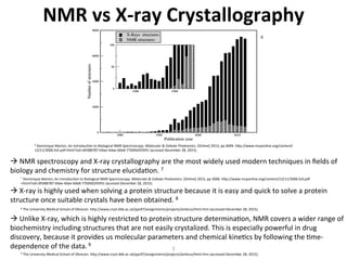 NMR	
  vs	
  X-­‐ray	
  Crystallography	
  
disregarded otherwise. The external magnetic field B0 induces
currents in the electronic clouds in the protein; in turn, these
circulating currents generate a local induced field Bind. As a
result, the different spins sense the vector sum of the two
fields:
B
¡
loc ϭ B
¡
0 ϩ B
¡
ind
and will thus not resonate at the same frequency. Chemical
shifts are extremely sensitive to steric and electronic effects
and thus in the case of proteins, to secondary and tertiary
structure. Unlike nOe and J-coupling, chemical shift does not
depend on a single pairwise interaction between well-identi-
fied partners: its prediction or quantitative interpretation is
thus more complex. Let us consider the chemical shifts of
backbone 15
N in proteins: the standard chemical shift range
FIG. 2. Number of structures deposited to the RCSB protein data bank (http://www.rcsb.org/pdb/) over the years. The number of
structures solved by X-ray crystallography is steadily increasing whereas the NMR-based ones have hit a plateau. In the inset, the data for the
early years of crystallography are displayed with an extended vertical scale for clarity. For the former method, the crystallization step remains
a major bottleneck but once suitable diffraction data are available, the structure can be obtained rather quickly. NMR is primarily hampered
by the limitation in protein size that can be studied: despite that resonance assignment and nOe interpretation have been automated, it still
requires more human input during these processes.
FIG. 3. Without chemical shifts, NMR structural parameters
could not be measured and interpreted at atomic level resolution.
In fact, the magnetic field at the nucleus is generally different from the
applied field B0: this additional contribution (or screening) arises from
the interaction of the surrounding electrons with the applied field. The
An Introduction to Biological NMR Spectroscopy
à	
  NMR	
  spectroscopy	
  and	
  X-­‐ray	
  crystallography	
  are	
  the	
  most	
  widely	
  used	
  modern	
  techniques	
  in	
  ﬁelds	
  of	
  
biology	
  and	
  chemistry	
  for	
  structure	
  elucidaJon.	
  7	
  
	
  
à	
  X-­‐ray	
  is	
  highly	
  used	
  when	
  solving	
  a	
  protein	
  structure	
  because	
  it	
  is	
  easy	
  and	
  quick	
  to	
  solve	
  a	
  protein	
  
structure	
  once	
  suitable	
  crystals	
  have	
  been	
  obtained.	
  8	
  
	
  
à	
  Unlike	
  X-­‐ray,	
  which	
  is	
  highly	
  restricted	
  to	
  protein	
  structure	
  determinaJon,	
  NMR	
  covers	
  a	
  wider	
  range	
  of	
  
biochemistry	
  including	
  structures	
  that	
  are	
  not	
  easily	
  crystalized.	
  This	
  is	
  especially	
  powerful	
  in	
  drug	
  
discovery,	
  because	
  it	
  provides	
  us	
  molecular	
  parameters	
  and	
  chemical	
  kineJcs	
  by	
  following	
  the	
  Jme-­‐
dependence	
  of	
  the	
  data.	
  9	
  
1	
  
6	
  
6	
  Dominique	
  Marion;	
  An	
  IntroducJon	
  to	
  Biological	
  NMR	
  Spectroscopy.	
  Molecular	
  &	
  Cellular	
  Proteomics.	
  [Online]	
  2013,	
  pp	
  3009.	
  h7p://www.mcponline.org/content/
12/11/3006.full.pdf+html?sid=d9388787-­‐b9ae-­‐4dae-­‐b0e8-­‐770d9d293f41	
  (accesed	
  December	
  28,	
  2015).	
  
7	
  Dominique	
  Marion;	
  An	
  IntroducJon	
  to	
  Biological	
  NMR	
  Spectroscopy.	
  Molecular	
  &	
  Cellular	
  Proteomics.	
  [Online]	
  2013,	
  pp	
  3006.	
  h7p://www.mcponline.org/content/12/11/3006.full.pdf
+html?sid=d9388787-­‐b9ae-­‐4dae-­‐b0e8-­‐770d9d293f41	
  (accesed	
  December	
  28,	
  2015).	
  
8	
  The	
  University	
  Medical	
  School	
  of	
  Dbrecen.	
  h7p://www.cryst.bbk.ac.uk/pps97/assignments/projects/ambrus/html.htm	
  (accessed	
  December	
  28,	
  2015).	
  
	
  
9	
  The	
  University	
  Medical	
  School	
  of	
  Dbrecen.	
  h7p://www.cryst.bbk.ac.uk/pps97/assignments/projects/ambrus/html.htm	
  (accessed	
  December	
  28,	
  2015).	
  
	
  
 