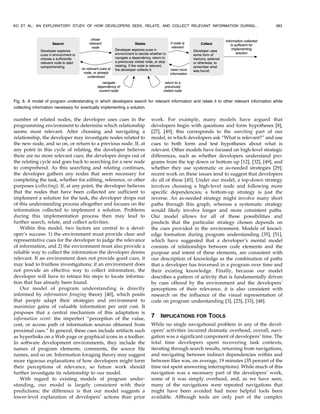 number of related nodes, the developer uses cues in the
programming environment to determine which relationship
seems most relevant. After choosing and navigating a
relationship, the developer may investigate nodes related to
the new node, and so on, or return to a previous node. If, at
any point in this cycle of relating, the developer believes
there are no more relevant cues, the developer drops out of
the relating cycle and goes back to searching for a new node
to comprehend. As this searching and relating continues,
the developer gathers any nodes that seem necessary for
completing the task, whether for editing, reference, or other
purposes (collecting). If, at any point, the developer believes
that the nodes that have been collected are sufficient to
implement a solution for the task, the developer drops out
of this understanding process altogether and focuses on the
information collected to implement a solution. Problems
during this implementation process then may lead to
further search, relate, and collect activities.
Within this model, two factors are central to a devel-
oper’s success: 1) the environment must provide clear and
representative cues for the developer to judge the relevance
of information, and 2) the environment must also provide a
reliable way to collect the information the developer deems
relevant. If an environment does not provide good cues, it
may lead to fruitless investigations; if an environment does
not provide an effective way to collect information, the
developer will have to retrace his steps to locate informa-
tion that has already been found.
Our model of program understanding is directly
informed by information foraging theory [40], which posits
that people adapt their strategies and environment to
maximize gains of valuable information per unit cost. It
proposes that a central mechanism of this adaptation is
information scent: the imperfect “perception of the value,
cost, or access path of information sources obtained from
proximal cues.” In general, these cues include artifacts such
as hyperlinks on a Web page or graphical icons in a toolbar.
In software development environments, they include the
names of program elements, comments, the source file
names, and so on. Information foraging theory may suggest
more rigorous explanations of how developers might form
their perceptions of relevance, so future work should
further investigate its relationship to our model.
With regard to existing models of program under-
standing, our model is largely consistent with their
predictions; the difference is that our model suggests a
lower-level explanation of developers’ actions than prior
work. For example, many models have argued that
developers begin with questions and form hypotheses [8],
[27], [49]; this corresponds to the searching part of our
model, in which developers ask “What is relevant?” and use
cues to both form and test hypotheses about what is
relevant. Other models have focused on high-level strategic
differences, such as whether developers understand pro-
grams from the top down or bottom up [12], [32], [49], and
whether they use systematic or as-needed strategies [29];
recent work on these issues tend to suggest that developers
do all of these [45]. Under our model, a top-down strategy
involves choosing a high-level node and following more
specific dependencies; a bottom-up strategy is just the
reverse. An as-needed strategy might involve many short
paths through this graph, whereas a systematic strategy
would likely involve longer and more consistent paths.
Our model allows for all of these possibilities and
predicts that the particular strategy chosen depends on
the cues provided in the environment. Models of knowl-
edge formation during program understanding [35], [51],
which have suggested that a developer’s mental model
consists of relationships between code elements and the
purpose and intent of these elements, are consistent with
our description of knowledge as the combination of paths
that a developer has traversed in a program over time and
their existing knowledge. Finally, because our model
describes a pattern of activity that is fundamentally driven
by cues offered by the environment and the developers’
perceptions of their relevance, it is also consistent with
research on the influence of the visual representation of
code on program understanding [3], [23], [33], [48].
7 IMPLICATIONS FOR TOOLS
While no single navigational problem in any of the devel-
opers’ activities incurred dramatic overhead, overall, navi-
gation was a significant component of developers’ time. The
total time developers spent recovering task contexts,
iterating through search results, returning from navigations,
and navigating between indirect dependencies within and
between files was, on average, 19 minutes (35 percent of the
time not spent answering interruptions). While much of this
navigation was a necessary part of the developers’ work,
some of it was simply overhead, and, as we have seen,
many of the navigations were repeated navigations that
might have been avoided had more helpful tools been
available. Although tools are only part of the complex
KO ET AL.: AN EXPLORATORY STUDY OF HOW DEVELOPERS SEEK, RELATE, AND COLLECT RELEVANT INFORMATION DURING... 983
Fig. 6. A model of program understanding in which developers search for relevant information and relate it to other relevant information while
collecting information necessary for eventually implementing a solution.
 