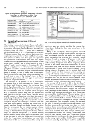 4.6 Navigating Dependencies of Relevant
Information
After reading a segment of code, developers explored the
code’s incoming and outgoing dependencies. During this
exploration, developers generally followed the static rela-
tionships listed in Table 4. Overall, each developer
navigated an average of 65 (Æ 18) dependencies over their
70-minute sessions; these were inferred during our tran-
scription process, since few of them used Eclipse’s naviga-
tion commands. There were two types of dependency
navigations that we transcribed. Some were direct depen-
dencies that could be determined by static analyses, such as
going from a variable’s use to its declaration, or from a
method’s header to an invocation of the method. The other
type of navigation was of indirect dependencies, such as
going from a variable’s use to the method that computed its
most recent value. These were program elements that were
indirectly related by two or more static dependencies.
Developers tended to make these indirect navigations later
in each task, as seen in the “editing” phases in Fig. 4.
Developers’ proportions of each type of dependency
navigation are given in Table 4.
An average of 58 percent (Æ 20) of developers’
navigations were of direct dependencies. Though every
developer used Eclipse’s support for navigating these
direct dependencies (the Open Declaration command and
Java Search dialog) at least once, only two developers used
the tools more than once, and only then for an average of
4 (Æ 2) navigations. Instead, they used less sophisticated
tools such as the find and replace dialog. There are several
possible reasons why they chose to use these less accurate
tools. Using the Java Search dialog required filling in many
details and iterating through the search results. Then, in
using both the Java Search and Open Declaration tools, new
tabs were often opened, incurring the future cost of
visually searching through and closing the new tabs if the
files they represented did not contain relevant informa-
tion. The developers used the find and replace dialog for an
average of 8 (Æ 6) of their navigations of direct relation-
ships, and spent an average of 9 (Æ 5) seconds iterating
through matches before finding a relevant reference. Also,
in the six cases of using the dialog, developers did not
notice that “wrap search” was unchecked and were led to
believe that the file had no occurrences of the string. One
developer spent six minutes searching for a name else-
where before finding that there were several uses in the
original file.
Many of the developers’ direct navigations involved
navigating between multiple code fragments. We inspected
each developer’s transcript and video and flagged each
direct navigation that returned to a recently viewed
location. Overall, an average of 27 percent (Æ 13) of the
developers’ navigations of direct dependencies returned to
code recently navigated from. When inspecting these
returns in the videos, some were comparisons, in which
developers went back and forth between related code
multiple times. Of course, since all developers used a single
editing window, developers had to navigate back and
visually search for their previous location, costing an
average of 9 (Æ 7) seconds each time accumulating to
2 (Æ 1) minutes per developer overall. Eclipse support for
navigating back to the previous cursor position rarely
helped, because developers rarely went directly back to the
most recent location, but to some less recent location.
An average of 42 percent (Æ 20) of the developers’
navigations were of indirect dependencies (this proportion
may be even higher, given the difficulty of detecting them
in the videos). Because Eclipse’s support for navigating
direct dependencies was unhelpful for these, the developers
used the scroll bars, page up and down keys, the package
explorer and the file tabs instead. When navigating within a
file using the scroll bars, scroll wheel, or page up and down
keys, the developers had to perform visual searches for
their targets, costing each developer, on average, a total of
10 (Æ 4) minutes. Three developers avoided this overhead
by using Eclipse’s bookmarks to mark task-relevant code
but then always ended up having more than two book-
marks to choose from and could not recall what code each
one represented. This required clicking on each bookmark,
which was no faster than their average scrolling time.
Bookmarks also incurred the “cleanup” costs of their later
removal when starting a new task. To navigate indirect
relationships that were between files, the developers had to
use the package explorer and the file tabs. When several tabs
were open (as in Fig. 5), developers could not read the file
978 IEEE TRANSACTIONS ON SOFTWARE ENGINEERING, VOL. 32, NO. 12, DECEMBER 2006
TABLE 4
Types of Dependencies Navigated, the Average Percent of
Each Type for a Developer, and the Tools
that Developers Used to Perform Each
Fig. 5. The package explorer, file tabs, and scroll bars of Eclipse.
 