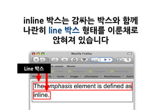 inline 박스는 감싸는 박스와 함께
나란히 line 박스 형태를 이룬채로
        앉혀져 있습니다


Line 박스


   The emphasis element is defined as
   inline.
 