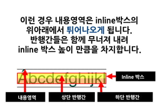 이런 경우 내용영역은 inline박스의
   위아래에서 튀어나오게 됩니다.
    반행간들은 함께 무너져 내려
inline 박스 높이 만큼을 차지합니다.


                   Inline 박스



내용영역    상단 반행간    하단 반행간
 