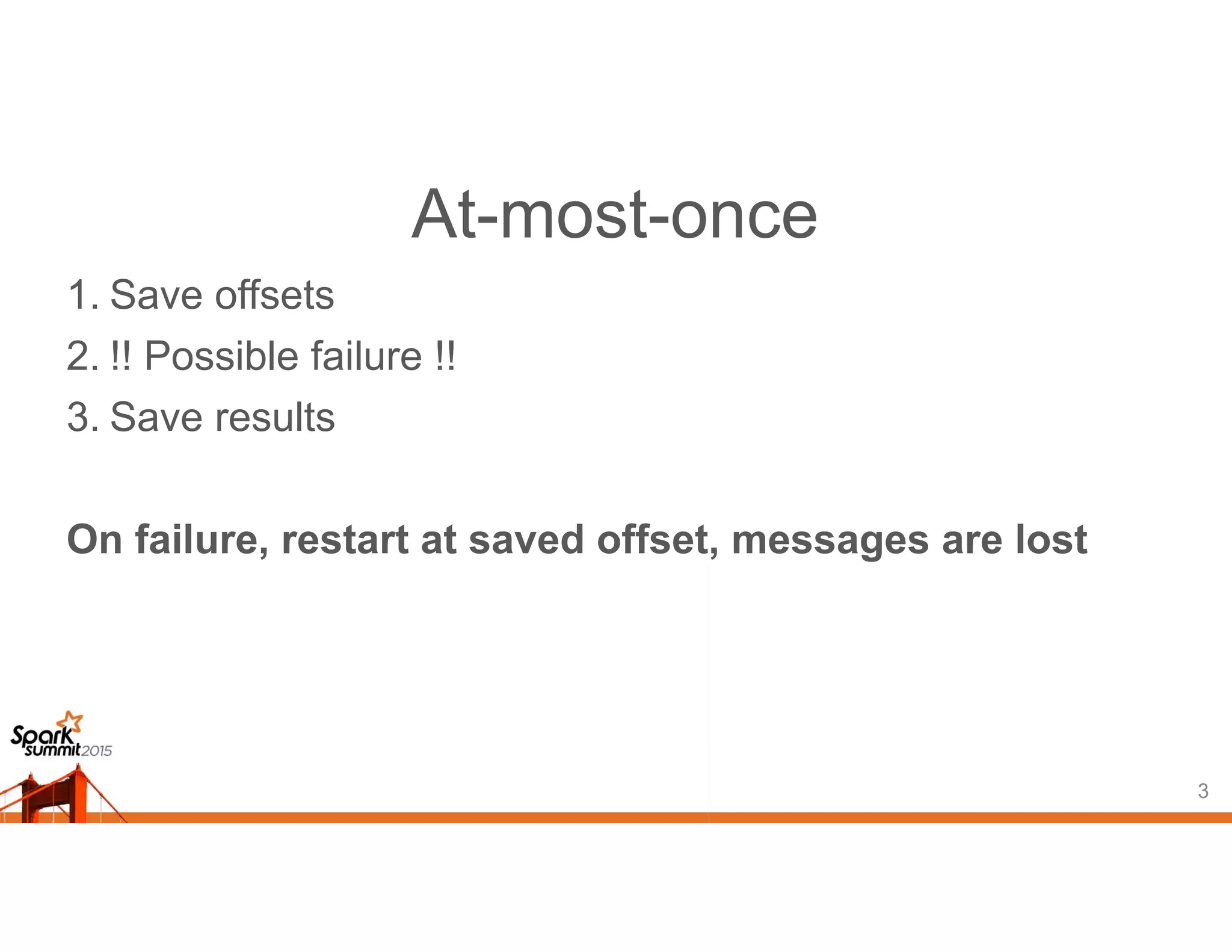 At-most-once
1. Save offsets
2. !! Possible failure !!
3. Save results
On failure, restart at saved offset, messages are lost
3
 