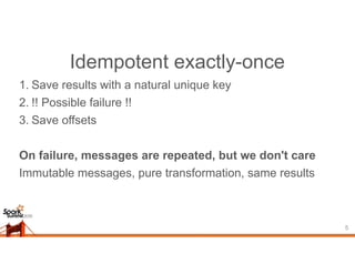 Idempotent exactly-once
1. Save results with a natural unique key
2. !! Possible failure !!
3. Save offsets
On failure, messages are repeated, but we don't care
Immutable messages, pure transformation, same results
5
 