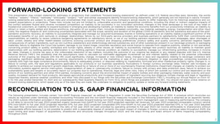 2
FORWARD-LOOKING STATEMENTS
This presentation may contain statements, estimates or projections that constitute “forward-looking statements” as defined under U.S. federal securities laws. Generally, the words
“believe,” “expect,” “intend,” “estimate,” “anticipate,” “project,” “will” and similar expressions identify forward-looking statements, which generally are not historical in nature. Forward-
looking statements are subject to certain risks and uncertainties that could cause The Coca-Cola Company’s actual results to differ materially from its historical experience and our
present expectations or projections. These risks include, but are not limited to, unfavorable economic and geopolitical conditions, including the direct or indirect negative impacts of
the conflict between Russia and Ukraine; increased competition; an inability to be successful in our innovation activities; changes in the retail landscape or the loss of key retail or
foodservice customers; an inability to expand business in emerging and developing markets; an inability to realize the economic benefits from our productivity initiatives; an inability to
attract or retain a highly skilled and diverse workforce; disruption of our supply chain, including increased commodity, raw material, packaging, energy, transportation and other input
costs; the negative impacts of, and continuing uncertainties associated with the scope, severity and duration of the global COVID-19 pandemic and the substance and pace of the post-
pandemic economic recovery; an inability to successfully integrate and manage our acquired businesses, brands or bottling operations or an inability realize a significant portion of the
anticipated benefits of our joint ventures or strategic relationships; failure by our third-party service providers and business partners to satisfactorily fulfill their commitments and
responsibilities; an inability to renew collective bargaining agreements on satisfactory terms, or we or our bottling partners experience strikes, work stoppages, labor shortages or
labor unrest; obesity and other health-related concerns; evolving consumer product and shopping preferences; product safety and quality concerns; perceived negative health
consequences of certain ingredients, such as non-nutritive sweeteners and biotechnology-derived substances, and of other substances present in our beverage products or packaging
materials; failure to digitalize the Coca-Cola system; damage to our brand image, corporate reputation and social license to operate from negative publicity, whether or not warranted,
concerning product safety or quality, workplace and human rights, obesity or other issues; an inability to successfully manage new product launches; an inability to maintain good
relationships with our bottling partners; deterioration in our bottling partners’ financial condition; an inability to successfully manage our refranchising activities; increases in income
tax rates, changes in income tax laws or the unfavorable resolution of tax matters, including the outcome of our ongoing tax dispute or any related disputes with the U.S. Internal
Revenue Service (“IRS”); the possibility that the assumptions used to calculate our estimated aggregate incremental tax and interest liability related to the potential unfavorable
outcome of the ongoing tax dispute with the IRS could significantly change; increased or new indirect taxes; changes in laws and regulations relating to beverage containers and
packaging; significant additional labeling or warning requirements or limitations on the marketing or sale of our products; litigation or legal proceedings; conducting business in
markets with high-risk legal compliance environments; failure to adequately protect, or disputes relating to, trademarks, formulas and other intellectual property rights; changes in, or
failure to comply with, the laws and regulations applicable to our products or our business operations; fluctuations in foreign currency exchange rates; interest rate increases; an
inability to achieve our overall long-term growth objectives; default by or failure of one or more of our counterparty financial institutions; impairment charges; an inability to protect our
information systems against service interruption, misappropriation of data or cybersecurity incidents; failure to comply with privacy and data protection laws; failure to achieve our
sustainability goals and targets or accurately report our progress due to operational, financial, legal and other risks, many of which are outside our control and are dependent on the
actions of our bottling partners and other third parties; increasing concerns about the environmental impact of plastic bottles and other packaging materials; water scarcity and poor
quality; increased demand for food products, decreased agricultural productivity and increased regulation of ingredient sourcing due diligence; climate change and legal or regulatory
responses thereto; adverse weather conditions; and other risks discussed in our filings with the Securities and Exchange Commission (“SEC”), including our Annual Report on Form 10-
K for the year ended December 31, 2021 and our subsequently filed Quarterly Reports on Form 10-Q, which filings are available from the SEC. You should not place undue reliance on
forward-looking statements, which speak only as of the date they are made. We undertake no obligation to publicly update or revise any forward-looking statements.
The following presentation includes certain "non-GAAP financial measures" as defined in Regulation G under the Securities Exchange Act of 1934. A schedule which reconciles our
results as reported under Generally Accepted Accounting Principles and the non-GAAP financial measures included in the following presentation is attached as an appendix hereto.
The 2023 outlook information provided in this presentation includes forward-looking non-GAAP financial measures, which management uses in measuring performance. The company
is not able to reconcile full year 2023 projected organic revenues (non-GAAP) to full year 2023 projected reported net revenues, full year 2023 projected comparable currency neutral
EPS (non-GAAP) to full year 2023 projected reported EPS, full year 2023 projected comparable EPS (non-GAAP) to full year 2023 projected reported EPS, or full year 2023 adjusted
free cash flow conversion ratio (non-GAAP) to the ratio of full year 2023 net cash provided by operating activities to full year 2023 net income attributable to shareowners without
unreasonable efforts because it is not possible to predict with a reasonable degree of certainty the exact impact of changes in foreign currency exchange rates throughout 2023; the
exact timing and exact impact of acquisitions, divestitures and structural changes throughout 2023; and the exact timing and exact amount of items impacting comparability
throughout 2023.
RECONCILIATION TO U.S. GAAP FINANCIAL INFORMATION
 