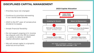 28
DISCIPLINED CAPITAL MANAGEMENT
Reinvest in the Business Continue to Grow the Dividend
Consumer-Centric M&A Net Share Repurchase
Investing for Growth Return to Shareowners
Further Growth and Build Capabilities Repurchase to Offset Dilution
CASH FROM
OPERATIONS
NET DEBT LEVERAGE(a) TARGET: 2.0x to 2.5x
2022 Net Debt Leverage(a): 1.8x
Outlook: ~$1.9 Billion Capex 5% Dividend Growth
2023 Capital Allocation
1
3 4
2
(a) Non-GAAP
• Priorities have not changed
• Continue to prioritize reinvesting
in our world-class brands
• 2023 is the 61st year of consecutive
dividend increases
• Ample financial flexibility
• Do not expect ongoing U.S. income
tax dispute with the IRS to impact
our ability to deliver on 2023
capital allocation agenda
• We will remain agile in a dynamic
external environment
 