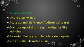 4. MISCELLANEOUS
 Acute anaphylaxis
Acute adrenal deficiency(Addison’s disease)
Over dosage of drugs e.g. : analgesics like
pethidine.
Following therapy with beta blocking agents.
Noxious stimuli such as pain
 