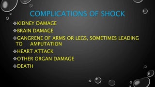 COMPLICATIONS OF SHOCK
KIDNEY DAMAGE
BRAIN DAMAGE
GANGRENE OF ARMS OR LEGS, SOMETIMES LEADING
TO AMPUTATION
HEART ATTACK
OTHER ORGAN DAMAGE
DEATH
 