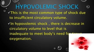 HYPOVOLEMIC SHOCK
This is the most common type of shock due
to insufficient circulatory volume.
In hypovolemic shock , there is decrease in
circulatory volume to level that is
inadequate to meet body’s need for tissue
oxygenation.
 