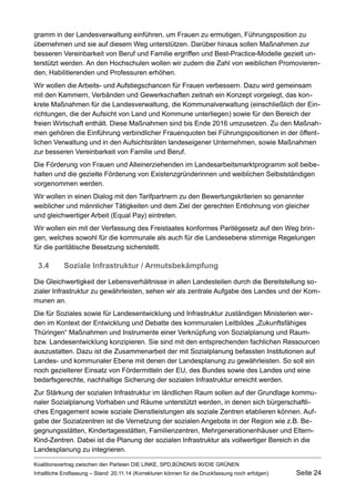 gramm in der Landesverwaltung einführen, um Frauen zu ermutigen, Führungsposition zu übernehmen und sie auf diesem Weg unterstützen. Darüber hinaus sollen Maßnahmen zur besseren Vereinbarkeit von Beruf und Familie ergriffen und Best-Practice-Modelle gezielt unterstützt werden. An den Hochschulen wollen wir zudem die Zahl von weiblichen Promovierenden, Habilitierenden und Professuren erhöhen. 
Wir wollen die Arbeits- und Aufstiegschancen für Frauen verbessern. Dazu wird gemeinsam mit den Kammern, Verbänden und Gewerkschaften zeitnah ein Konzept vorgelegt, das konkrete Maßnahmen für die Landesverwaltung, die Kommunalverwaltung (einschließlich der Einrichtungen, die der Aufsicht von Land und Kommune unterliegen) sowie für den Bereich der freien Wirtschaft enthält. Diese Maßnahmen sind bis Ende 2016 umzusetzen. Zu den Maßnahmen gehören die Einführung verbindlicher Frauenquoten bei Führungspositionen in der öffentlichen Verwaltung und in den Aufsichtsräten landeseigener Unternehmen, sowie Maßnahmen zur besseren Vereinbarkeit von Familie und Beruf. 
Die Förderung von Frauen und Alleinerziehenden im Landesarbeitsmarktprogramm soll beibehalten und die gezielte Förderung von Existenzgründerinnen und weiblichen Selbstständigen vorgenommen werden. 
Wir wollen in einen Dialog mit den Tarifpartnern zu den Bewertungskriterien so genannter weiblicher und männlicher Tätigkeiten und dem Ziel der gerechten Entlohnung von gleicher und gleichwertiger Arbeit (Equal Pay) eintreten. 
Wir wollen ein mit der Verfassung des Freistaates konformes Paritégesetz auf den Weg bringen, welches sowohl für die kommunale als auch für die Landesebene stimmige Regelungen für die paritätische Besetzung sicherstellt. 
3.4Soziale Infrastruktur / Armutsbekämpfung 
Die Gleichwertigkeit der Lebensverhältnisse in allen Landesteilen durch die Bereitstellung sozialer Infrastruktur zu gewährleisten, sehen wir als zentrale Aufgabe des Landes und der Kommunen an. 
Die für Soziales sowie für Landesentwicklung und Infrastruktur zuständigen Ministerien werden im Kontext der Entwicklung und Debatte des kommunalen Leitbildes „Zukunftsfähiges Thüringen“ Maßnahmen und Instrumente einer Verknüpfung von Sozialplanung und Raum- bzw. Landesentwicklung konzipieren. Sie sind mit den entsprechenden fachlichen Ressourcen auszustatten. Dazu ist die Zusammenarbeit der mit Sozialplanung befassten Institutionen auf Landes- und kommunaler Ebene mit denen der Landesplanung zu gewährleisten. So soll ein noch gezielterer Einsatz von Fördermitteln der EU, des Bundes sowie des Landes und eine bedarfsgerechte, nachhaltige Sicherung der sozialen Infrastruktur erreicht werden. 
Zur Stärkung der sozialen Infrastruktur im ländlichen Raum sollen auf der Grundlage kommunaler Sozialplanung Vorhaben und Räume unterstützt werden, in denen sich bürgerschaftliches Engagement sowie soziale Dienstleistungen als soziale Zentren etablieren können. Aufgabe der Sozialzentren ist die Vernetzung der sozialen Angebote in der Region wie z.B. Begegnungsstätten, Kindertagesstätten, Familienzentren, Mehrgenerationenhäuser und Eltern- Kind-Zentren. Dabei ist die Planung der sozialen Infrastruktur als vollwertiger Bereich in die Landesplanung zu integrieren. 
Koalitionsvertrag zwischen den Parteien DIE LINKE, SPD,BÜNDNIS 90/DIE GRÜNEN 
Inhaltliche Endfassung – Stand: 20.11.14 (Korrekturen können für die Druckfassung noch erfolgen) Seite 24 
 