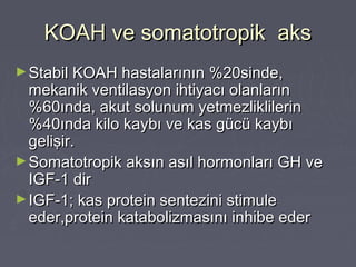 KOAH ve somatotropik aksKOAH ve somatotropik aks
►Stabil KOAH hastalarının %20sinde,Stabil KOAH hastalarının %20sinde,
mekanik ventilasyon ihtiyacı olanlarınmekanik ventilasyon ihtiyacı olanların
%60ında, akut solunum yetmezliklilerin%60ında, akut solunum yetmezliklilerin
%40ında kilo kaybı ve kas gücü kaybı%40ında kilo kaybı ve kas gücü kaybı
gelişir.gelişir.
►Somatotropik aksın asıl hormonları GH veSomatotropik aksın asıl hormonları GH ve
IGF-1 dirIGF-1 dir
►IGF-1; kas protein sentezini stimuleIGF-1; kas protein sentezini stimule
eder,protein katabolizmasını inhibe edereder,protein katabolizmasını inhibe eder
 