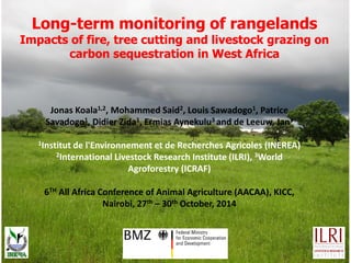 October 29, 2014 1
Long-term monitoring of rangelands
Impacts of fire, tree cutting and livestock grazing on
carbon sequestration in West Africa
Jonas Koala1,2, Mohammed Said2, Louis Sawadogo1, Patrice
Savadogo1, Didier Zida1, Ermias Aynekulu3 and de Leeuw, Jan3
1Institut de l'Environnement et de Recherches Agricoles (INEREA)
2International Livestock Research Institute (ILRI), 3World
Agroforestry (ICRAF)
6TH All Africa Conference of Animal Agriculture (AACAA), KICC,
Nairobi, 27th – 30th October, 2014
 
