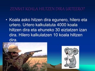 ZENBAT KOALA HILTZEN DIRA URTEERO?
• Koala asko hitzen dira egunero, hilero eta
urtero. Urtero kalkulatuta 4000 koala
hiltzen dira eta ehuneko 30 eiztatzen izan
dira. Hilero kalkulatzen 10 koala hiltzen
dira.
 