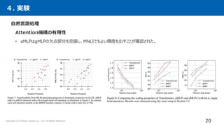 ４. 実験
自然言語処理
Attention機構の有用性
• aMLPはgMLPの欠点部分を克服し、MNLIでもよい精度を出すことが確認された。
20
Copyright (C) Present Square Co., Ltd. All Rights Reserved.
 