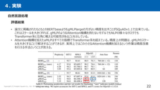 ４. 実験
自然言語処理
評価結果
• 論文に掲載されたもともとのBERTbaseよりもgMLPlargeの方がよい精度を出すことがSQuADv1.1で出来ている。
これはスケールを大きくすれば、gMLPのようなAttention機構を持たないモデルでもNLPの様々なタスクでも
Transformer系と互角に戦える可能性があることを示している。
• Attention機構を加えたaMLPはすべての指標でTransformer系を超えている。精度上の問題は、gMLPのスケー
ルを大きくすることで解決することができるが、実用上ではこの小さなAttention機構を加えるという作業は精度改善
を行える手法ということが言える。
All Rights Reserved. 22
Copyright (C) Present Square Co., Ltd.
 