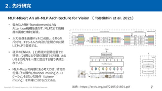 MLP-Mixer: An all-MLP Architecture for Vision （ Tolstikhin et al. 2021）
• 畳み込み層やTransformerのような
Attention機構を使わず、MLPだけで高精
度の画像分類を実現。
• 入力画像を画像パッチに分割し、それらの
パッチを、チャンネル方向及び空間方向に関
してMLPで変換する。
• 従来のCNNは、 (1)特定の空間位置での
特徴、(2)異なる空間位置間での特徴、ある
いはその両方を一度に混合する層で構成さ
れている。
• MLP-Mixerの背景にある考え方は、特定の
位置ごとの操作(channel-mixing)と、ロ
ケーションをまたいだ操作（token-
mixing）を明確に分けることにある。
２. 先行研究
出典：https://arxiv.org/pdf/2105.01601.pdf 7
Copyright (C) Present Square Co., Ltd. All Rights Reserved.
 