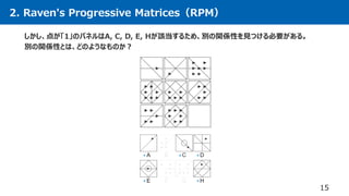 2. Raven's Progressive Matrices（RPM）
15
しかし、点が「1」のパネルはA, C, D, E, Hが該当するため、別の関係性を見つける必要がある。
別の関係性とは、どのようなものか？
 