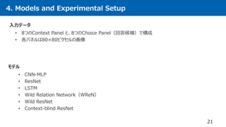 4. Models and Experimental Setup
• 8つのContext Panel と、8つのChoice Panel（回答候補）で構成
• 各パネルは80×80ピクセルの画像
21
入力データ
• CNN-MLP
• ResNet
• LSTM
• Wild Relation Network（WReN）
• Wild ResNet
• Context-blind ResNet
モデル
 