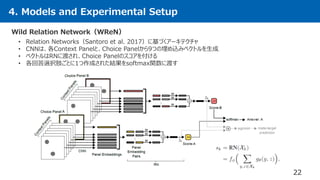 4. Models and Experimental Setup
22
Wild Relation Network（WReN）
• Relation Networks（Santoro et al. 2017）に基づくアーキテクチャ
• CNNは、各Context Panelと、Choice Panelから9つの埋め込みベクトルを生成
• ベクトルはRNに渡され、Choice Panelのスコアを付ける
• 各回答選択肢ごとに1つ作成された結果をsoftmax関数に渡す
 