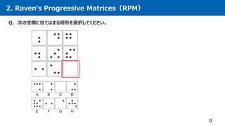 2. Raven‘s Progressive Matrices（RPM）
8
Ｑ．次の空欄に当てはまる図形を選択してください。
 