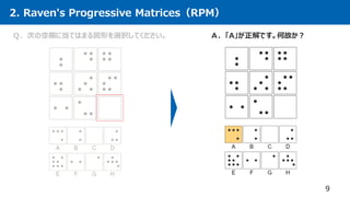 2. Raven's Progressive Matrices（RPM）
9
Ｑ．次の空欄に当てはまる図形を選択してください。 Ａ．「A」が正解です。何故か？
 