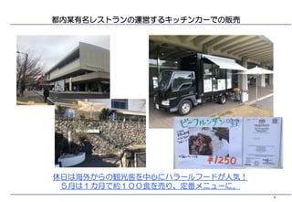 9
都内某有名レストランの運営するキッチンカーでの販売
休日は海外からの観光客を中心にハラールフードが人気！
５月は１カ月で約１００食を売り、定番メニューに。
 