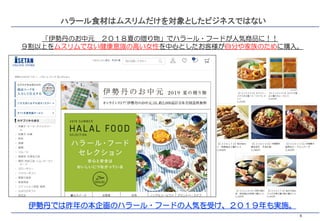 6
ハラール食材はムスリムだけを対象としたビジネスではない
「伊勢丹のお中元 ２０１８夏の贈り物」でハラール・フードが人気商品に！！
９割以上をムスリムでない健康意識の高い女性を中心としたお客様が自分や家族のために購入。
伊勢丹では昨年の本企画のハラール・フードの人気を受け、２０１９年も実施。
 