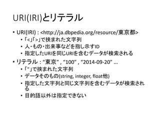 URI(IRI)とリテラル 
• URI(IRI) : <http://ja.dbpedia.org/resource/東京都> 
• 「<」「>」で挟まれた文字列 
• 人・もの・出来事などを指し示すID 
• 指定したURIを同じURIを含むデータが検索される 
• リテラル: “東京” , “100” , “2014-09-20” … 
• 「”」で挟まれた文字列 
• データそのもの(string, integer, float他) 
• 指定した文字列と同じ文字列を含むデータが検索され 
る 
• 目的語以外は指定できない 
 