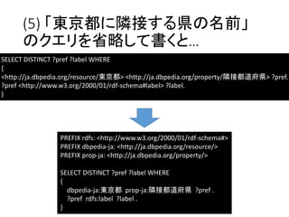 (5) 「東京都に隣接する県の名前」 
のクエリを省略して書くと… 
SELECT DISTINCT ?pref ?label WHERE 
{ 
<http://ja.dbpedia.org/resource/東京都> <http://ja.dbpedia.org/property/隣接都道府県> ?pref. 
?pref <http://www.w3.org/2000/01/rdf-schema#label> ?label. 
} 
PREFIX rdfs: <http://www.w3.org/2000/01/rdf-schema#> 
PREFIX dbpedia-ja: <http://ja.dbpedia.org/resource/> 
PREFIX prop-ja: <http://ja.dbpedia.org/property/> 
SELECT DISTINCT ?pref ?label WHERE 
{ 
dbpedia-ja:東京都prop-ja:隣接都道府県?pref . 
?pref rdfs:label ?label . 
} 
 