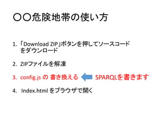 ○○危険地帯の使い方 
1. 「Download ZIP」ボタンを押してソースコード 
をダウンロード 
2. ZIPファイルを解凍 
3. config.js の書き換える 
4. Index.html をブラウザで開く 
SPARQLを書きます 
 