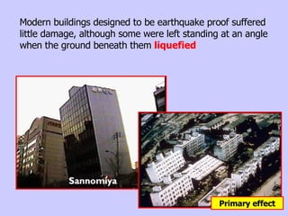 Modern buildings designed to be earthquake proof suffered little damage, although some were left standing at an angle when the ground beneath them  liquefied Primary effect 