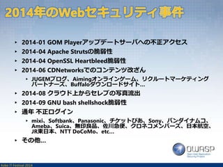 ▸ 2014-01 GOM Playerアップデートサーバへの不正アクセス 
▸ 2014-04 Apache Strutsの脆弱性 
▸ 2014-04 OpenSSL Heartbleed脆弱性 
▸ 2014-06 CDNetworksでのコンテンツ改ざん 
▸ JUGEMブログ、Aimingオンラインゲーム、リクルートマーケティング 
パートナーズ、Buffaloダウンロードサイト… 
▸ 2014-08 クラウド上からセレブの写真流出 
▸ 2014-09 GNU bash shellshock脆弱性 
▸ 通年不正ログイン 
▸ mixi、Softbank、Panasonic、チケットぴあ、Sony、バンダイナムコ、 
Ameba、Suica、無印良品、佐川急便、クロネコメンバーズ、日本航空、 
JR東日本、NTT DoCoMo、etc… 
▸ その他… 
Kobe IT Festival 2014 
 