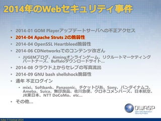 ▸ 2014-01 GOM Playerアップデートサーバへの不正アクセス 
▸ 2014-04 Apache Struts 2の脆弱性 
▸ 2014-04 OpenSSL Heartbleed脆弱性 
▸ 2014-06 CDNetworksでのコンテンツ改ざん 
▸ JUGEMブログ、Aimingオンラインゲーム、リクルートマーケティング 
パートナーズ、Buffaloダウンロードサイト… 
▸ 2014-08 クラウド上からセレブの写真流出 
▸ 2014-09 GNU bash shellshock脆弱性 
▸ 通年不正ログイン 
▸ mixi、Softbank、Panasonic、チケットぴあ、Sony、バンダイナムコ、 
Ameba、Suica、無印良品、佐川急便、クロネコメンバーズ、日本航空、 
JR東日本、NTT DoCoMo、etc… 
▸ その他… 
Kobe IT Festival 2014 
 