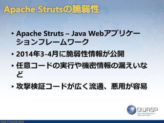 ▸Apache Struts – Java Webアプリケー 
ションフレームワーク 
▸2014年3-4月に脆弱性情報が公開 
▸任意コードの実行や機密情報の漏えいな 
ど 
▸攻撃検証コードが広く流通、悪用が容易 
Kobe IT Festival 2014 
 