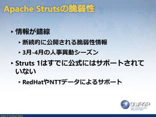 ▸情報が錯綜 
▸断続的に公開される脆弱性情報 
▸3月-4月の人事異動シーズン 
▸Struts 1はすでに公式にはサポートされて 
いない 
▸RedHatやNTTデータによるサポート 
Kobe IT Festival 2014 
 