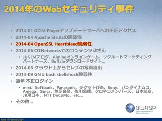 ▸ 2014-01 GOM Playerアップデートサーバへの不正アクセス 
▸ 2014-04 Apache Strutsの脆弱性 
▸ 2014-04 OpenSSL Heartbleed脆弱性 
▸ 2014-06 CDNetworksでのコンテンツ改ざん 
▸ JUGEMブログ、Aimingオンラインゲーム、リクルートマーケティング 
パートナーズ、Buffaloダウンロードサイト… 
▸ 2014-08 クラウド上からセレブの写真流出 
▸ 2014-09 GNU bash shellshock脆弱性 
▸ 通年不正ログイン 
▸ mixi、Softbank、Panasonic、チケットぴあ、Sony、バンダイナムコ、 
Ameba、Suica、無印良品、佐川急便、クロネコメンバーズ、日本航空、 
JR東日本、NTT DoCoMo、etc… 
▸ その他… 
Kobe IT Festival 2014 
 