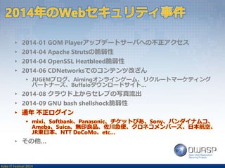 ▸ 2014-01 GOM Playerアップデートサーバへの不正アクセス 
▸ 2014-04 Apache Strutsの脆弱性 
▸ 2014-04 OpenSSL Heatbleed脆弱性 
▸ 2014-06 CDNetworksでのコンテンツ改ざん 
▸ JUGEMブログ、Aimingオンラインゲーム、リクルートマーケティング 
パートナーズ、Buffaloダウンロードサイト… 
▸ 2014-08 クラウド上からセレブの写真流出 
▸ 2014-09 GNU bash shellshock脆弱性 
▸ 通年不正ログイン 
▸ mixi、Softbank、Panasonic、チケットぴあ、Sony、バンダイナムコ、 
Ameba、Suica、無印良品、佐川急便、クロネコメンバーズ、日本航空、 
JR東日本、NTT DoCoMo、etc… 
▸ その他… 
Kobe IT Festival 2014 
 