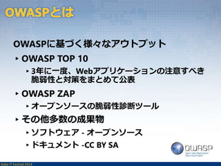 OWASPに基づく様々なアウトプット 
▸OWASP TOP 10 
▸3年に一度、Webアプリケーションの注意すべき 
脆弱性と対策をまとめて公表 
▸OWASP ZAP 
▸オープンソースの脆弱性診断ツール 
▸その他多数の成果物 
▸ソフトウェア- オープンソース 
▸ドキュメント-CC BY SA 
Kobe IT Festival 2014 
 