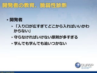 ▸開発者 
▸「入り口が広すぎてどこから入ればいいかわ 
からない」 
▸守らなければいけない原則が多すぎる 
▸学んでも学んでも追いつかない 
Kobe IT Festival 2014 
 