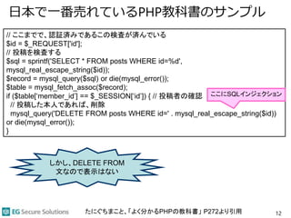 日本で一番売れているPHP教科書のサンプル
12
// ここまでで、認証済みであるこの検査が済んでいる
$id = $_REQUEST['id'];
// 投稿を検査する
$sql = sprintf('SELECT * FROM posts WHERE id=%d',
mysql_real_escape_string($id));
$record = mysql_query($sql) or die(mysql_error());
$table = mysql_fetch_assoc($record);
if ($table[‘member_id’] == $_SESSION[‘id’]) { // 投稿者の確認
// 投稿した本人であれば、削除
mysql_query('DELETE FROM posts WHERE id=' . mysql_real_escape_string($id))
or die(mysql_error());
}
ここにSQLインジェクション
しかし、DELETE FROM
文なので表示はない
たにぐちまこと、「よく分かるPHPの教科書」 P272より引用
 