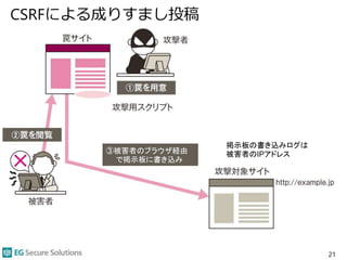 CSRFによる成りすまし投稿
21
③被害者のブラウザ経由
で掲示板に書き込み
掲示板の書き込みログは
被害者のIPアドレス
 